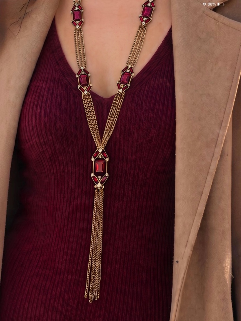 Vintage Gold Chain Tassel Lariat with Deep Red Gem Geometric Accents